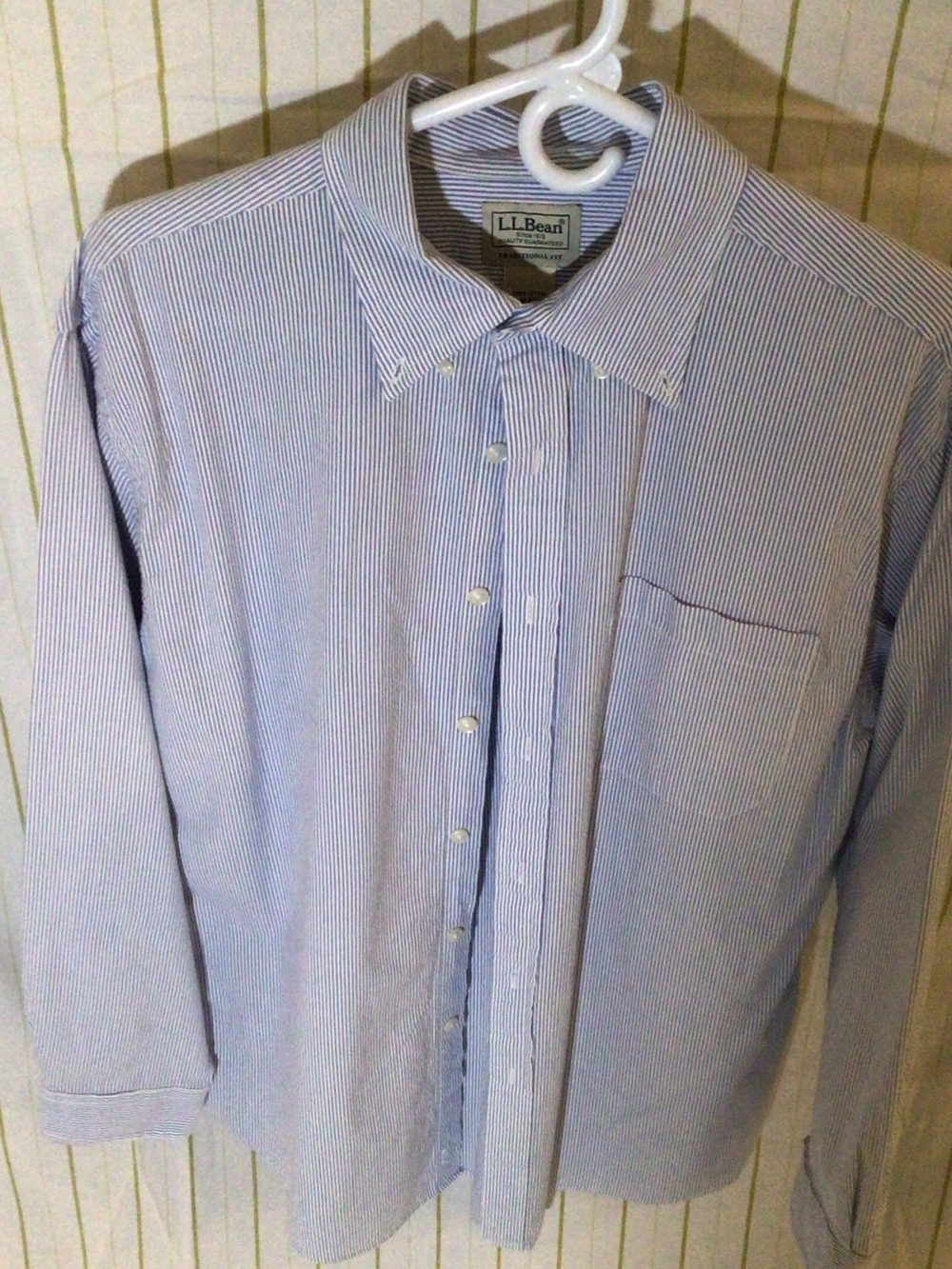 L.L. Bean Men's Light Blue and White Pinstripe Dress Shirt